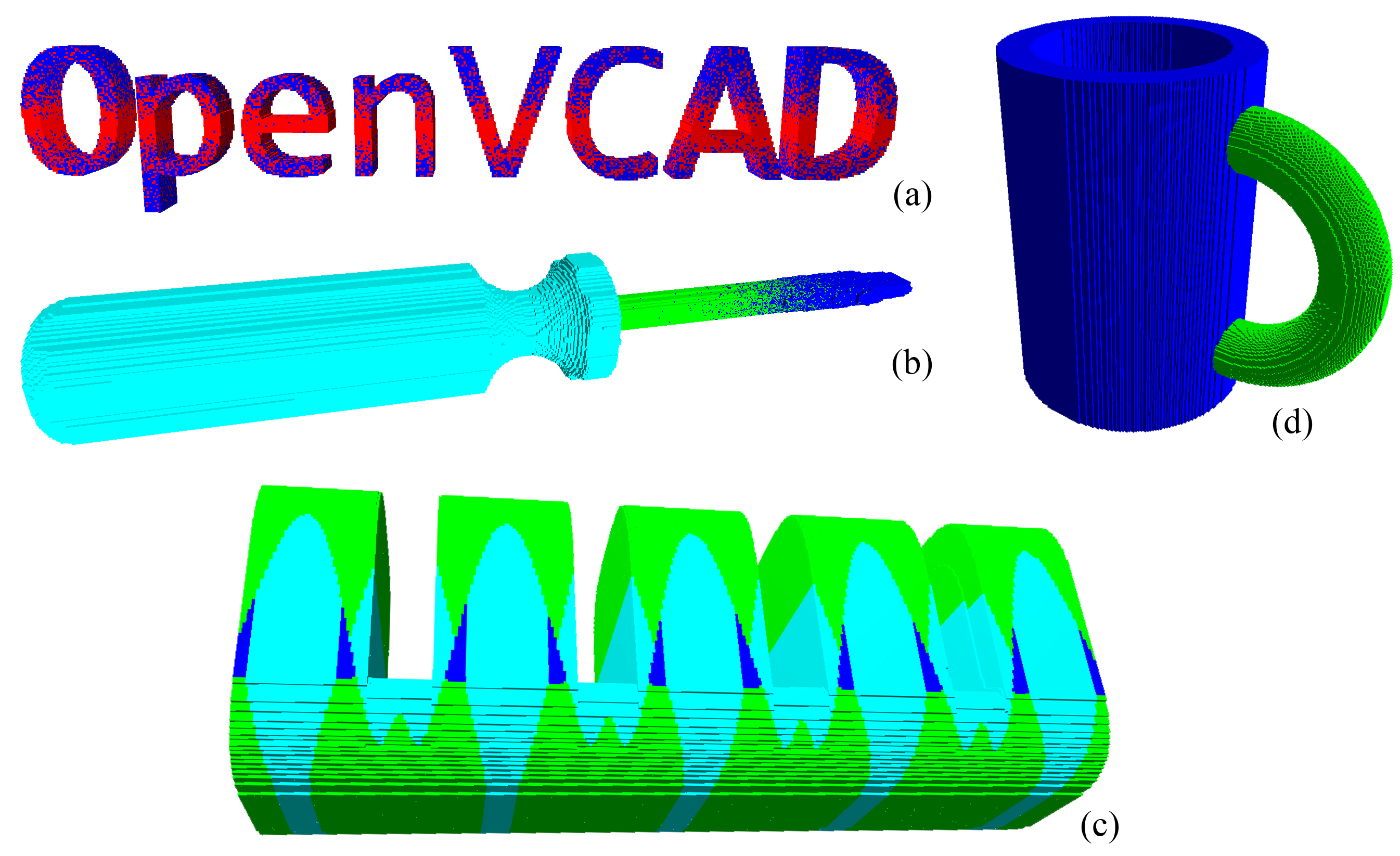 Render of benchmarking objects (a though d)