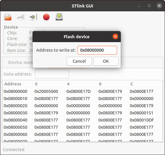 STlink GUI memory offset configuration