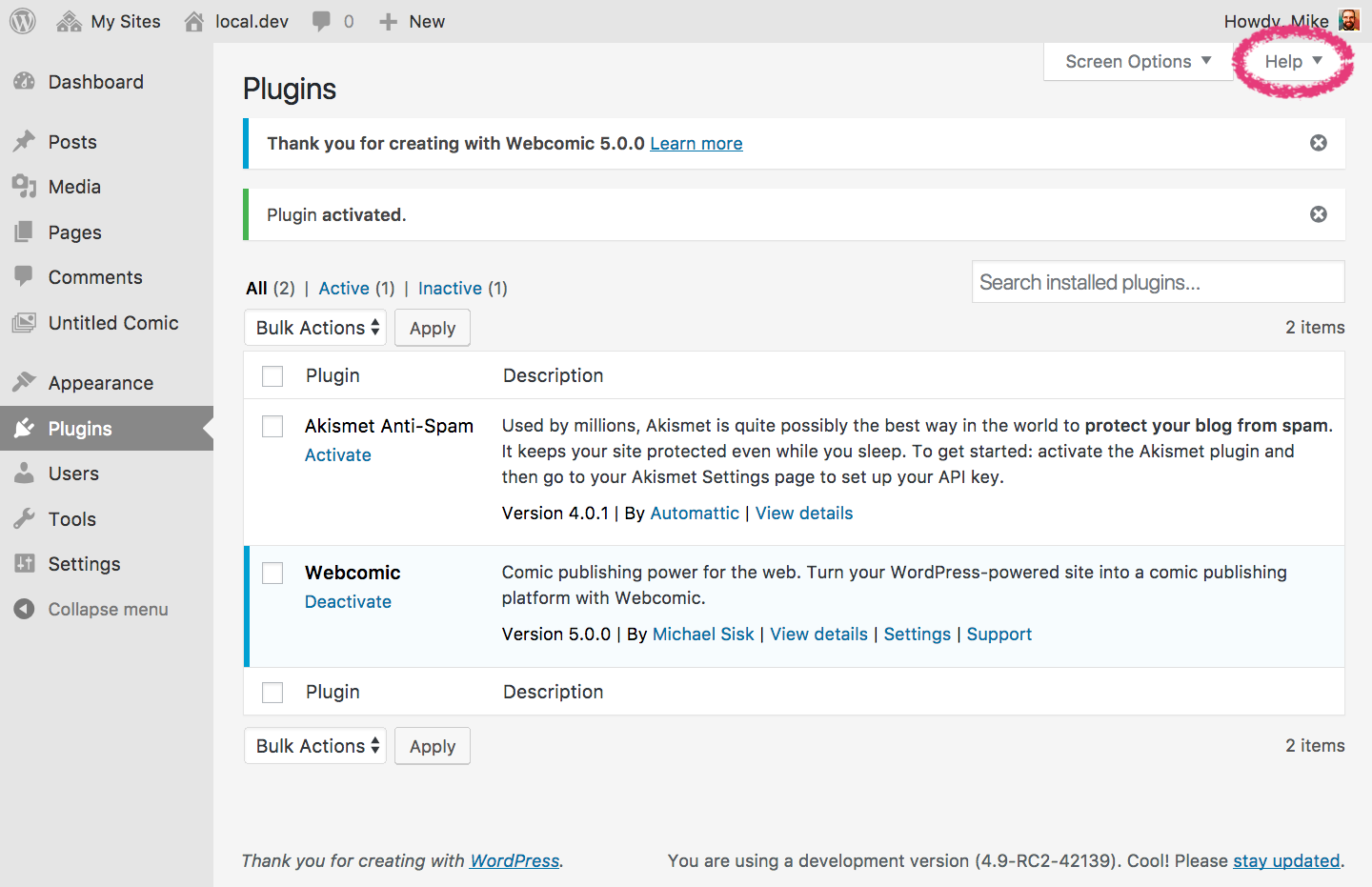 The Plugins screen in WordPress, with the Help link highlighted.