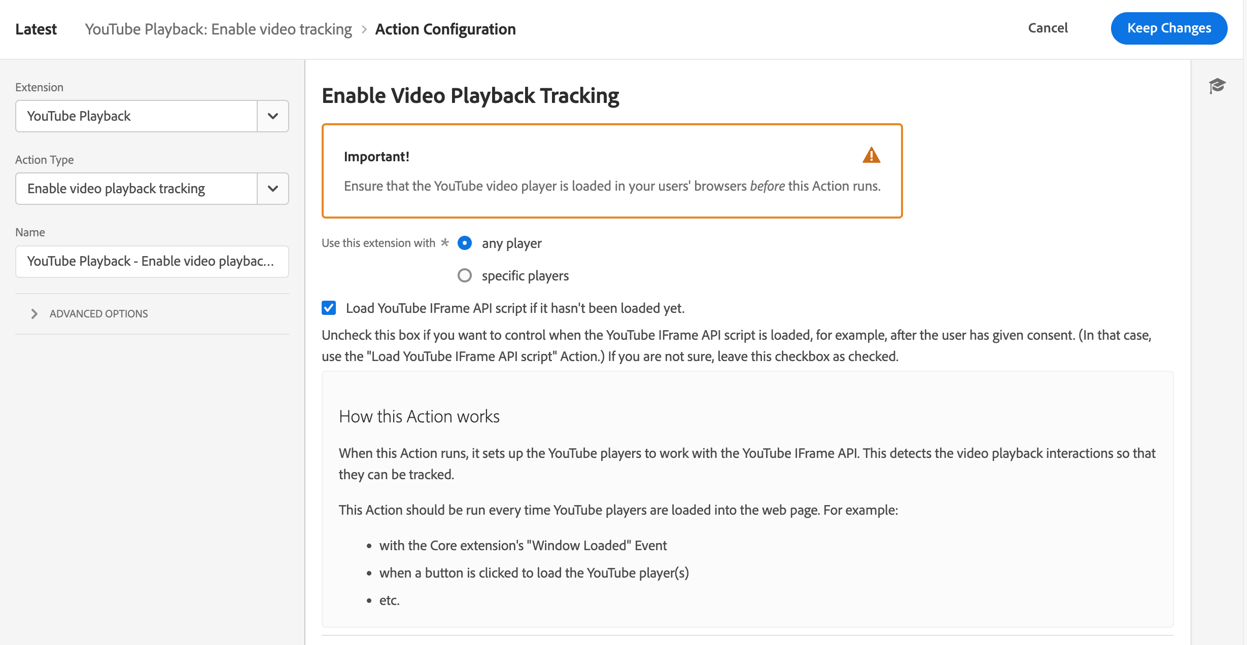 [Rule: Enable video tracking | Action: YouTube Playback > Enable video playback tracking]