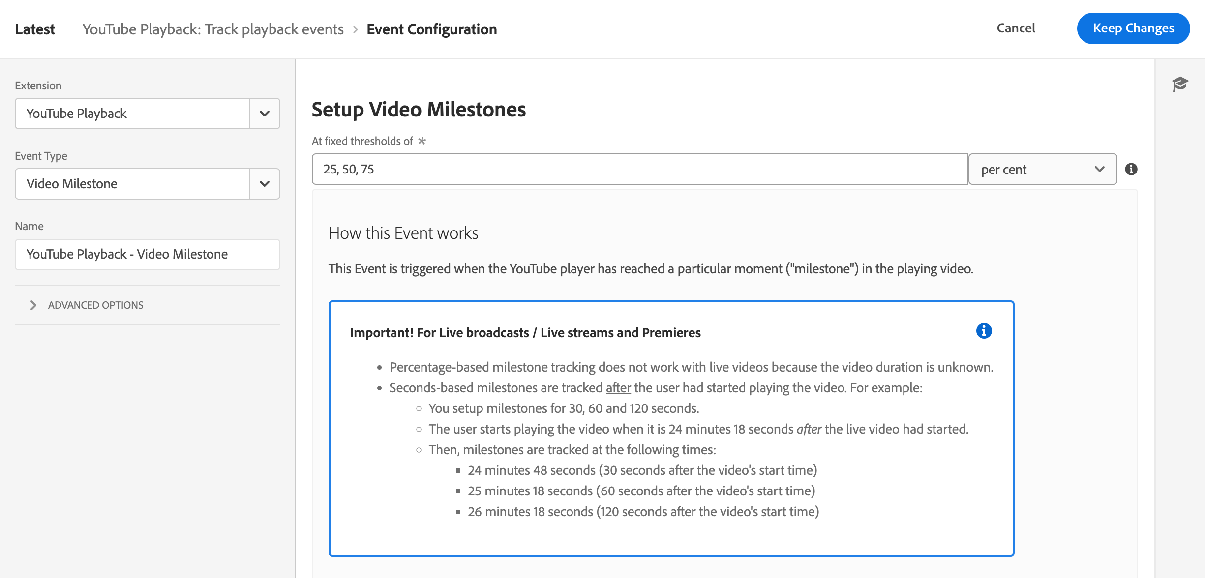 [Rule: Track playback events | Event: YouTube Playback > Video Milestone]
