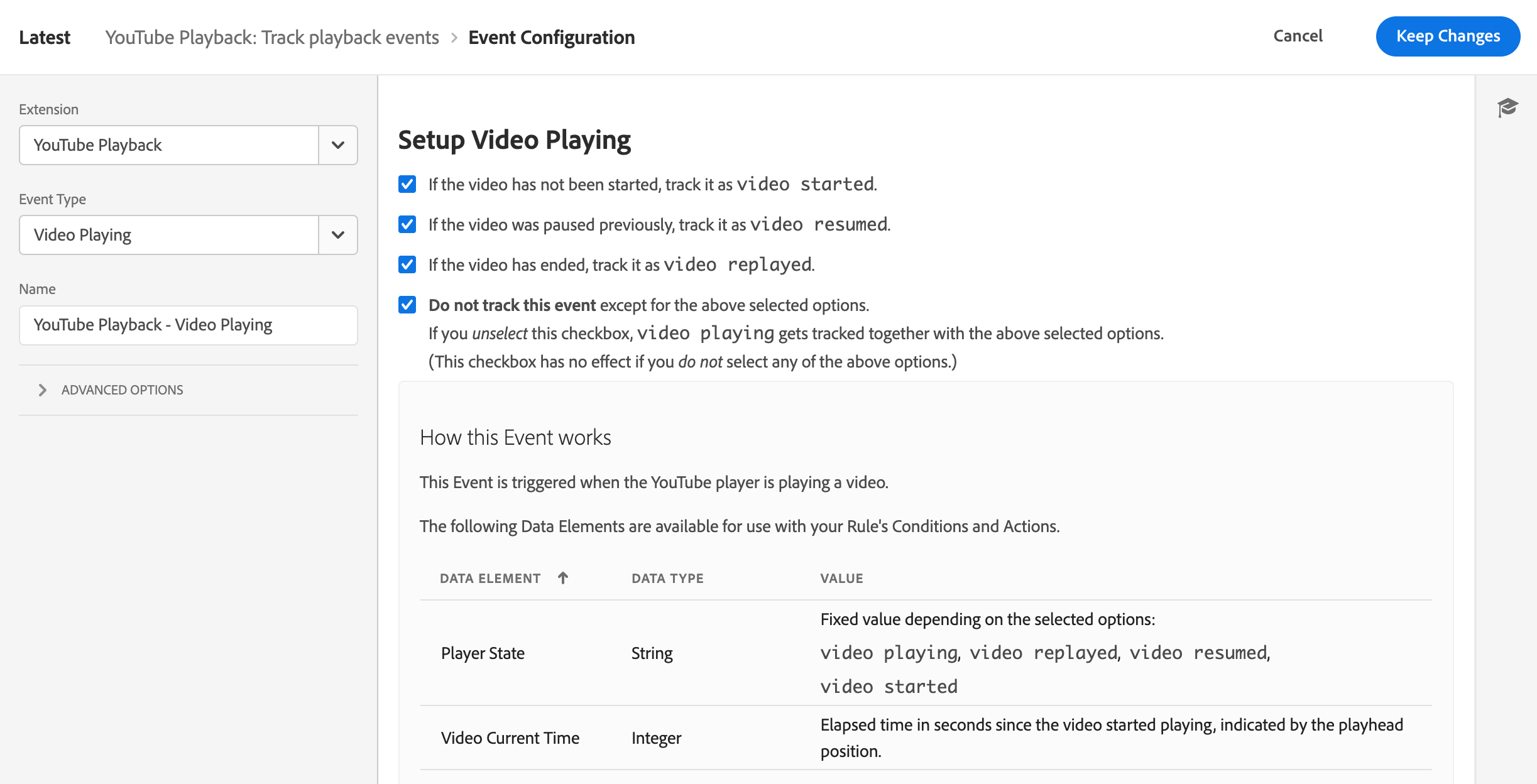 [Rule: Track playback events | Event: YouTube Playback > Video Playing]